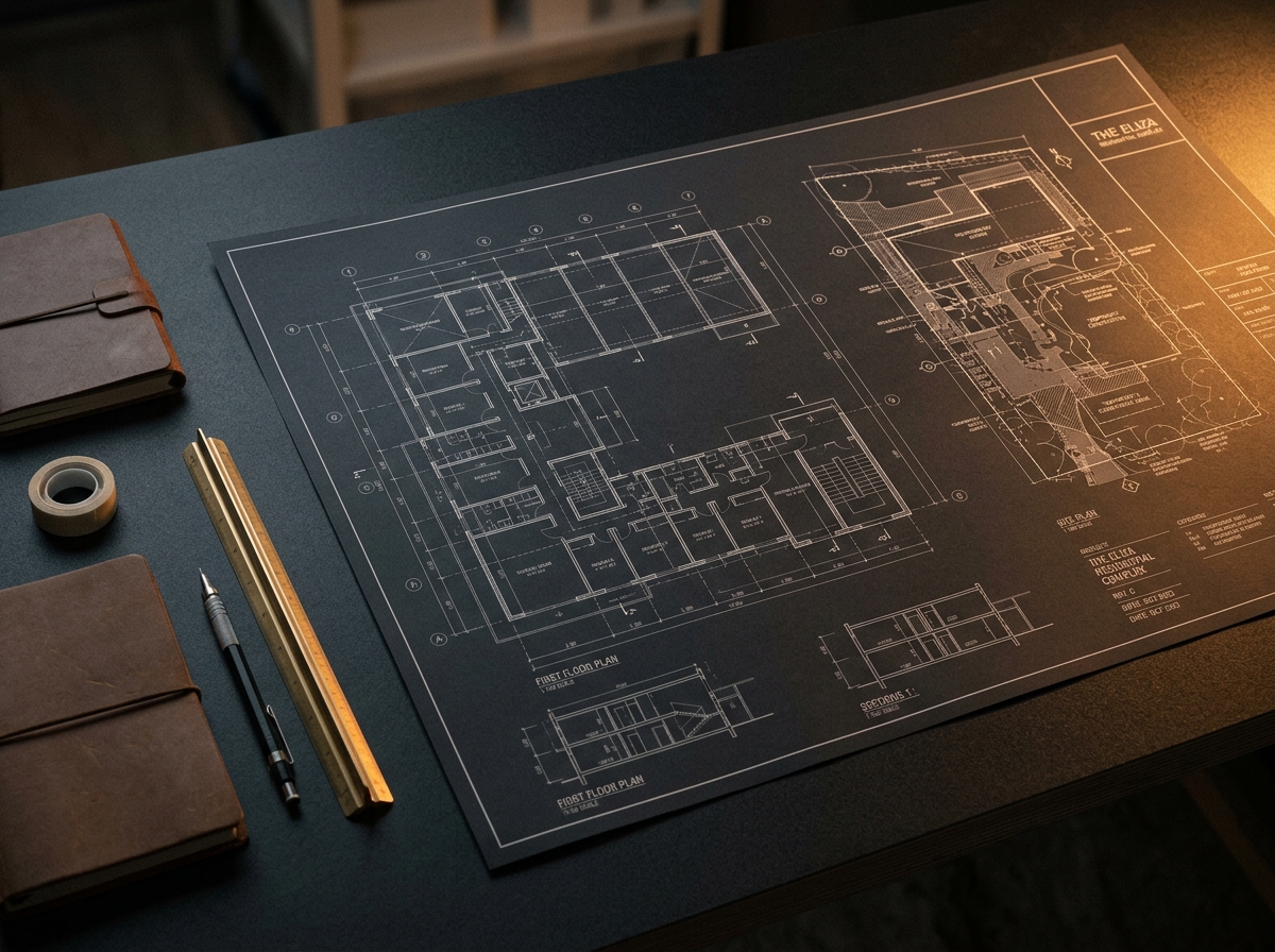 Architektur-Bauplan auf dunklem Tisch mit warmem Seitenlicht