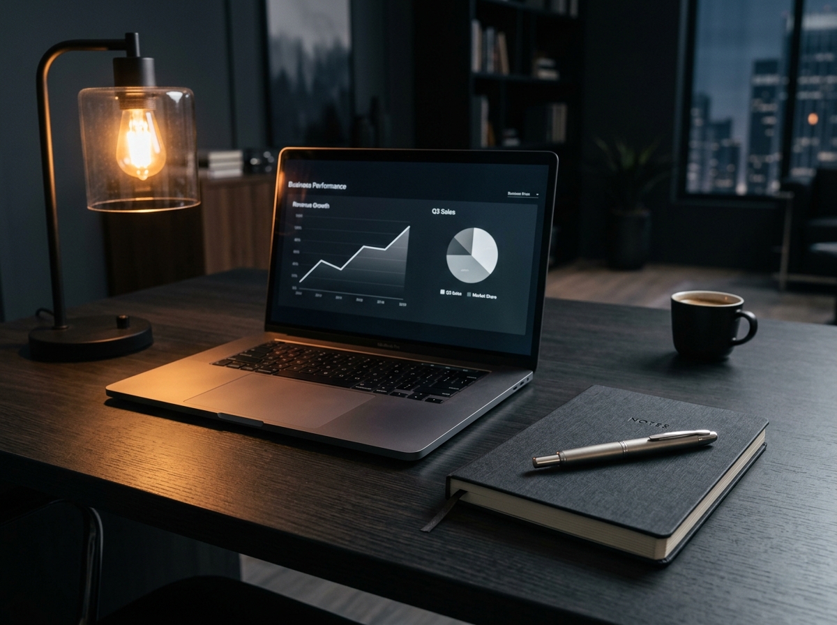 Laptop mit Business-Dashboard auf dunklem Büroschreibtisch